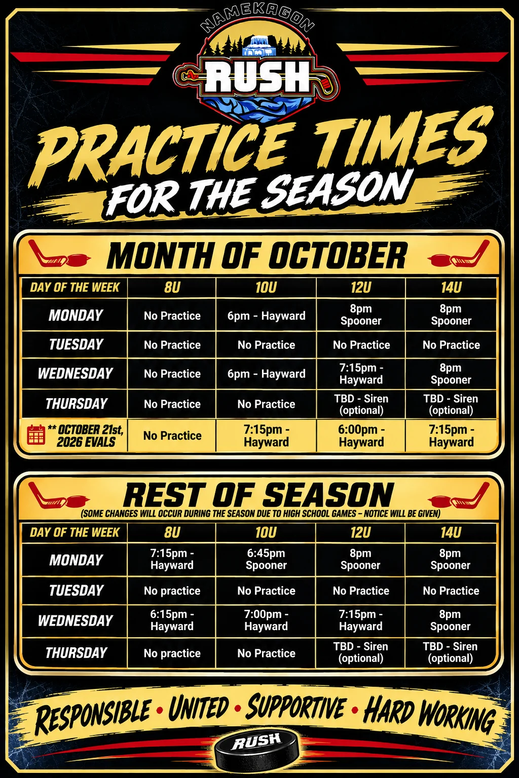 Namekagon Rush 2026–27 girls' hockey practice schedule, including 14U October and regular season practice times in Hayward, Spooner and Siren