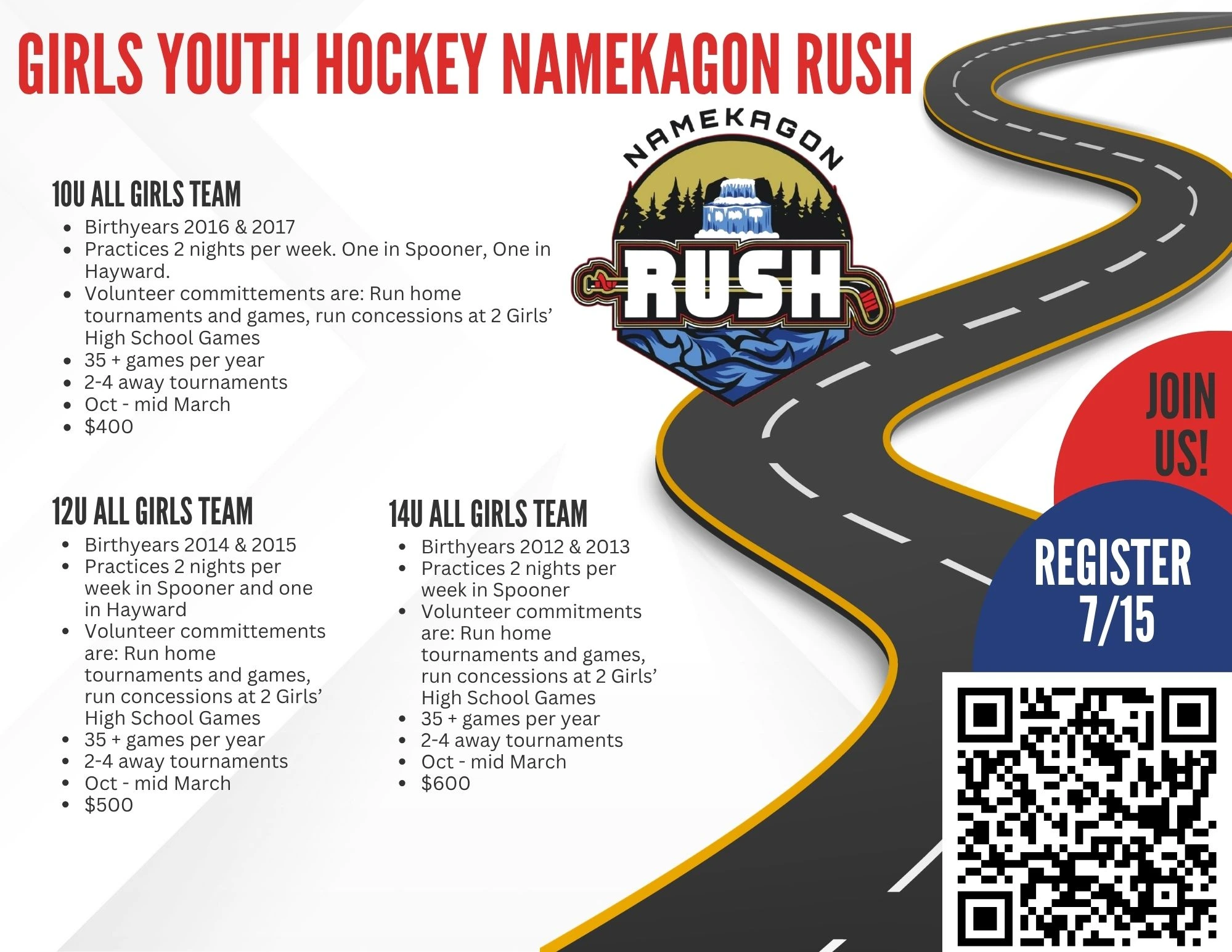 Girls Youth Hockey Namekagon Rush flyer — 10U, 12U and 14U all-girls' team details with birth years, practices, volunteer commitments, season dates and fees. Registration opens July 15.