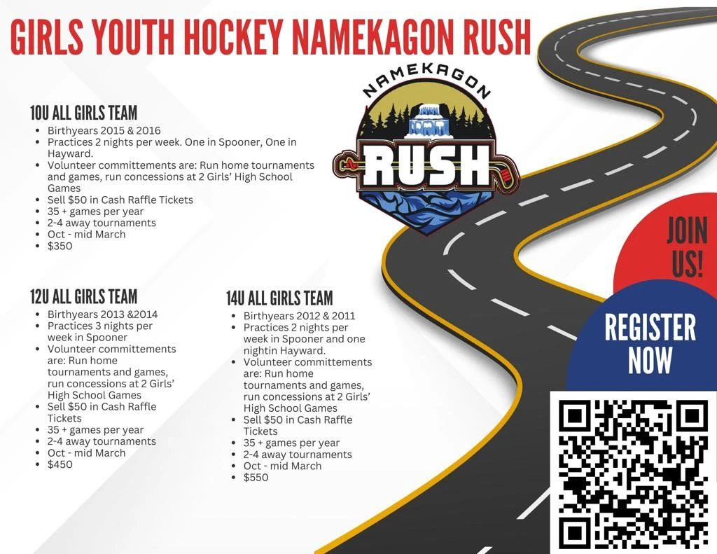 Namekagon Rush 10U, 12U and 14U all-girls' team details — birth years, practices, commitments and fees.